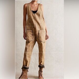 WE THE FREE People HIGH ROLLER Cotton Denim Moss Stone Jumpsuit(Size Small)